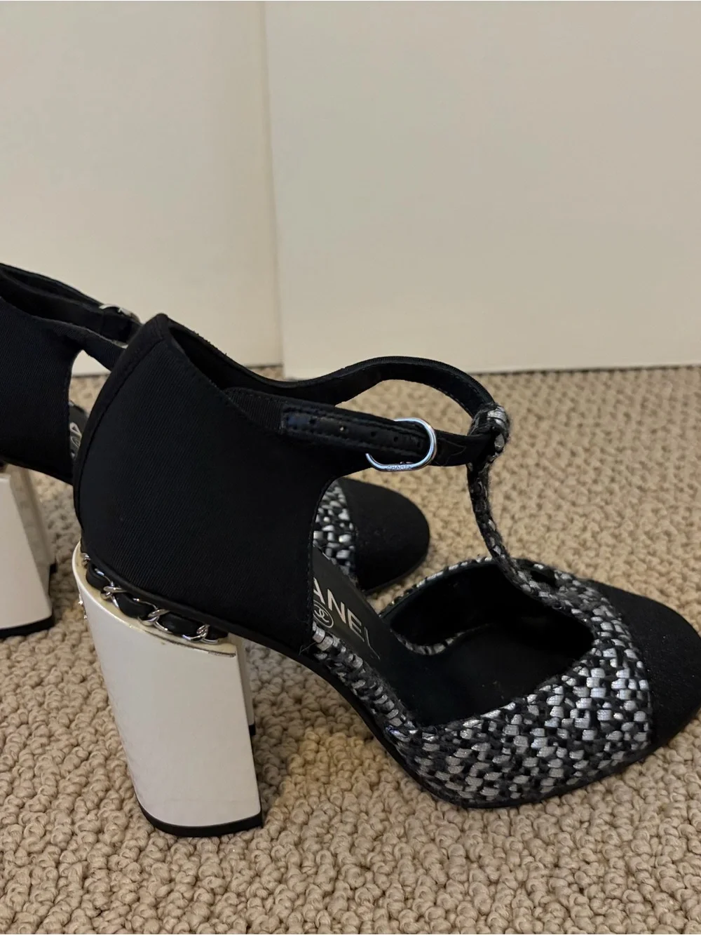 CHANEL Black and Silver Tweed T-Strap Block Heel Pumps
